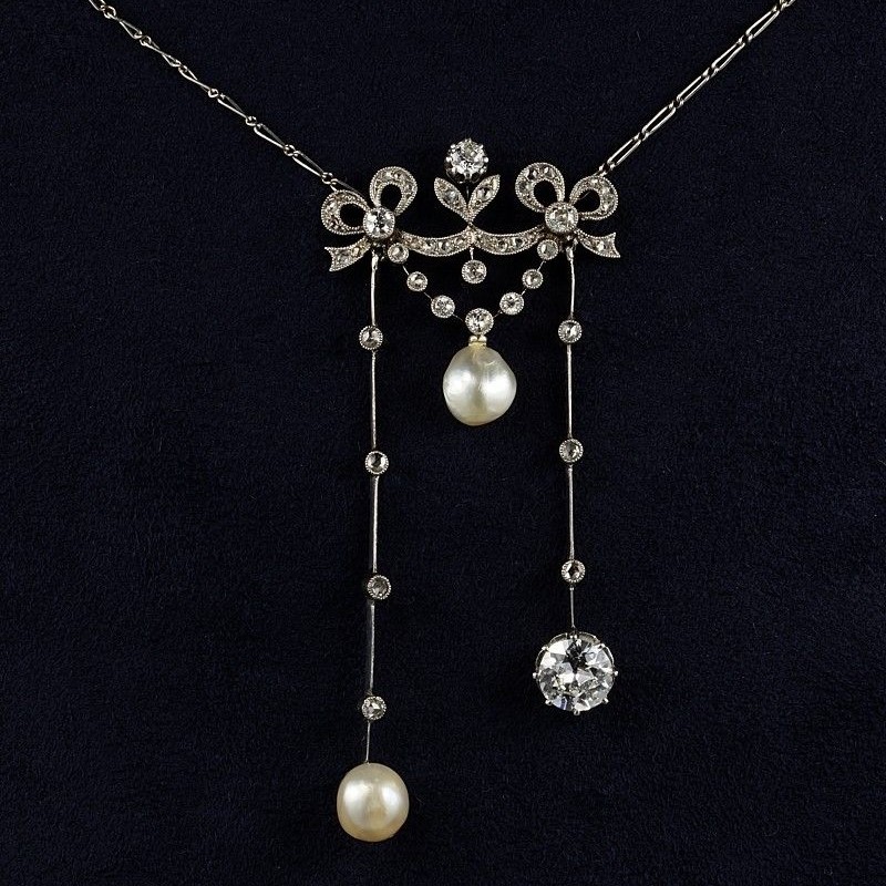 Edwardian pearl diamond negligee necklace